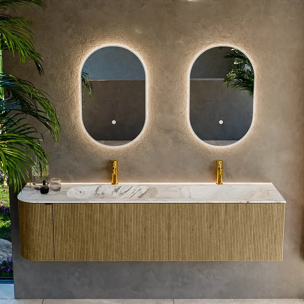 Mondiaz Kurve-dlux 175cm badmeubel ronding links dusk met 2 lades en 1 deur en wastafel stor small dubbel/rechts 2 kraangaten glace