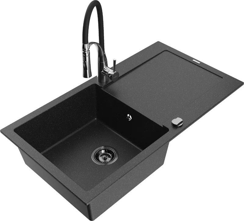 Mexen Leo granit gootsteen 1-kompartment met afdruiprek en keukenkraan Aster, zwart/zilveren metallic - 501-73-73450-07-B