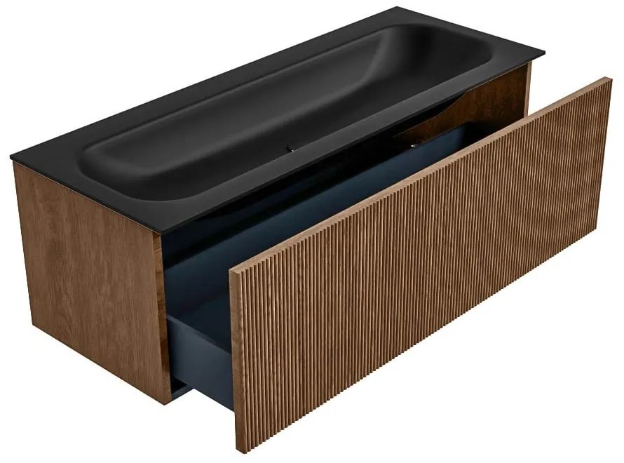 Mondiaz Kurve 120cm badmeubel walnut met 1 lade en wastafel big large midden zonder kraangat urban