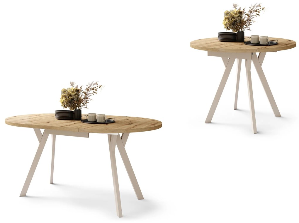 ALMO Eiken Artisan/Beige poten - RONDE LOFT/INDUSTRIËLE TAFEL VOOR WOONKAMER/EETKAMER, UITSCHUIFBAAR