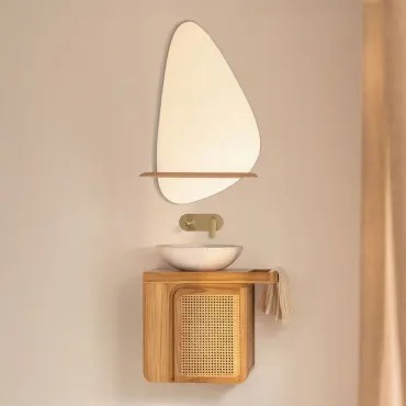 Georgy Zwevend Badkamermeubelset 60x40 Cm In Teakhout Teakhout & Rond Cement Wit Ø40 Cm Zavion & Geborsteld Goud Inbouw Met Aftapkraan Zonder Overloop