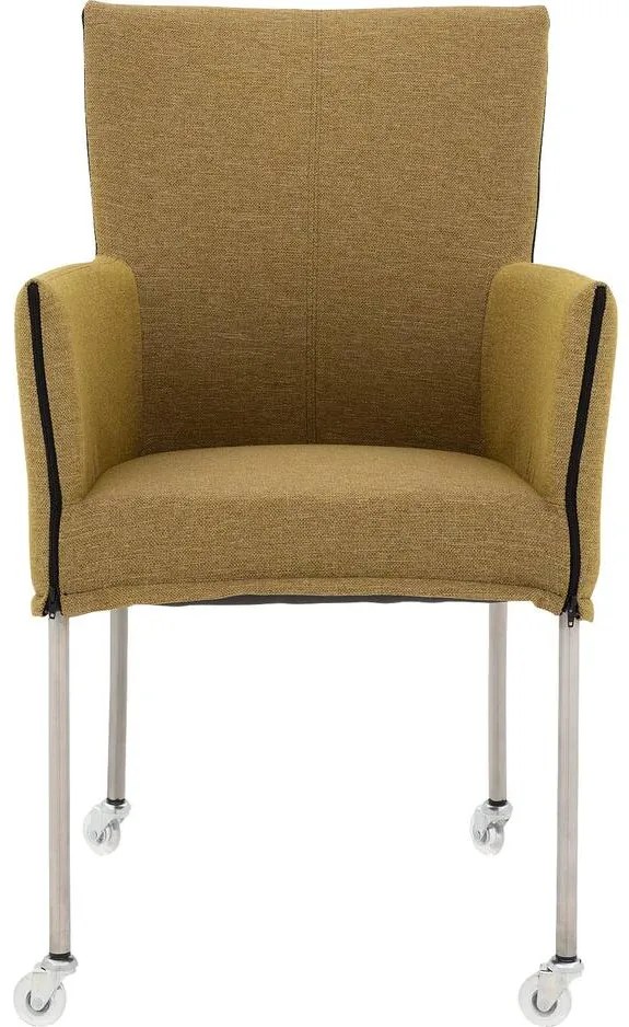 Goossens Eetkamerstoel Funk RVS Poten groen stof met armleuning en Transparant skater wiel met rvs kapmet wielen, modern design