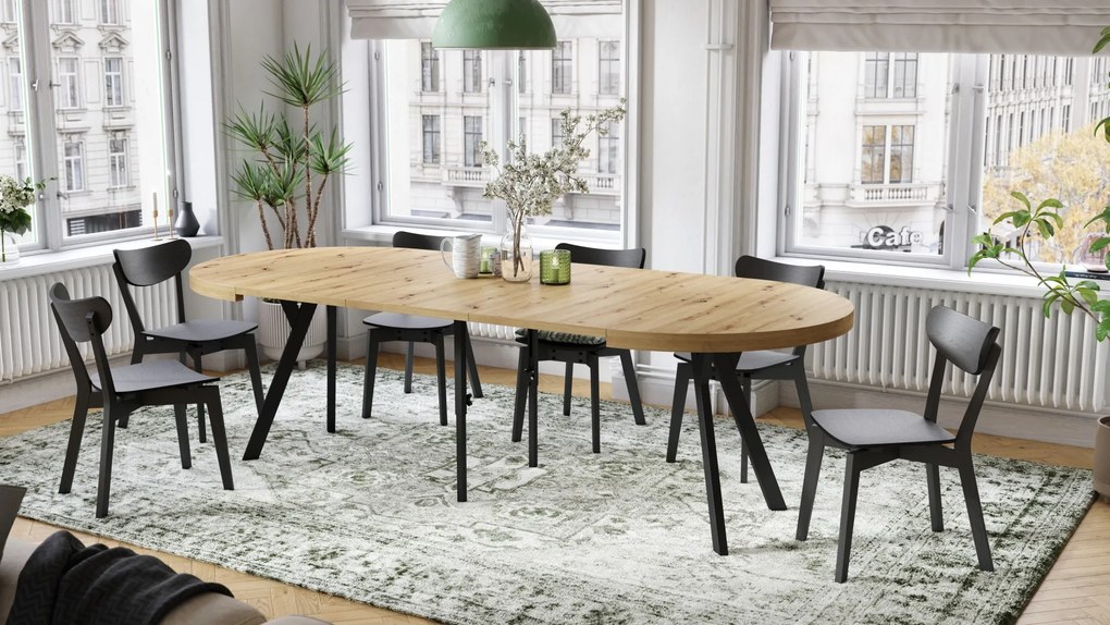 EXPANSO Eik Artisan/zwarte poten - GROTE RONDE TAFEL Ø110 UITBREIDBAAR TOT 310 cm met Y-POTEN LOFT/INDUSTRIAL