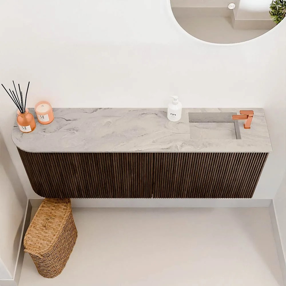 Mondiaz Joya DLux 110cm toiletmeubel ronding links walnut met wastafel faye rechts 1 kraangat glace