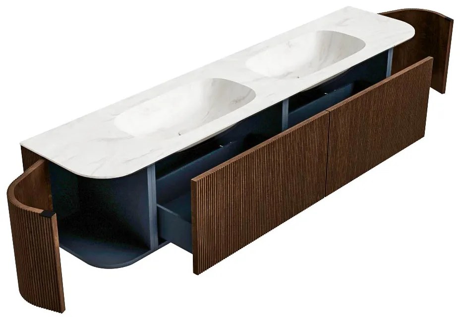 Mondiaz Kurve-dlux 200cm badmeubel ronding links/rechts walnut met 2 lades en deuren en wastafel stor small dubbel 2 kraangaten ostra