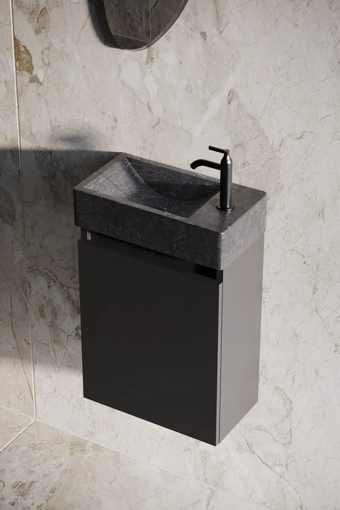 Fontana Recto toiletmeubel mat zwart 40x22cm met natuurstenen fontein rechts