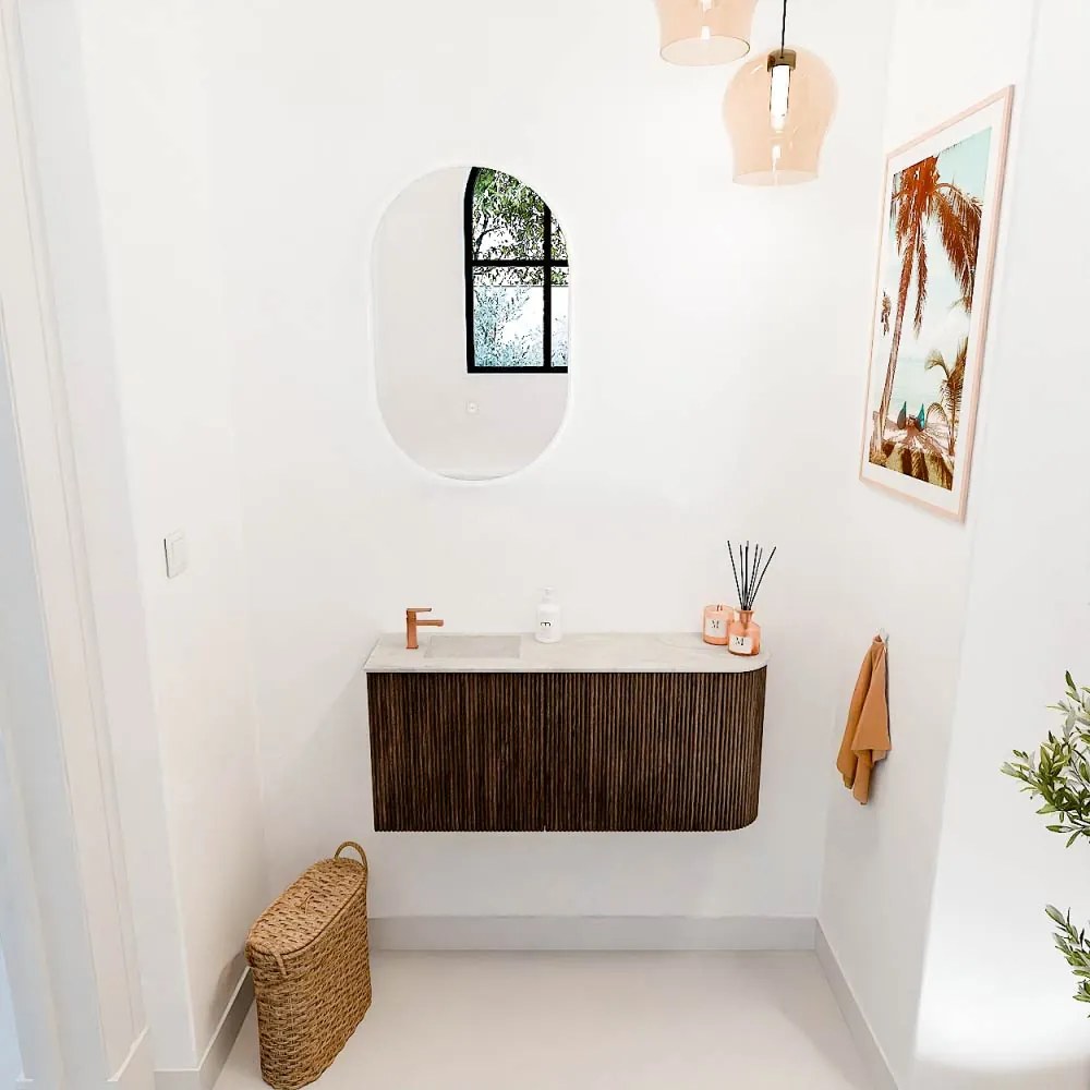 Mondiaz Joya DLux 90cm toiletmeubel ronding rechts walnut met wastafel faye links 1 kraangat ostra