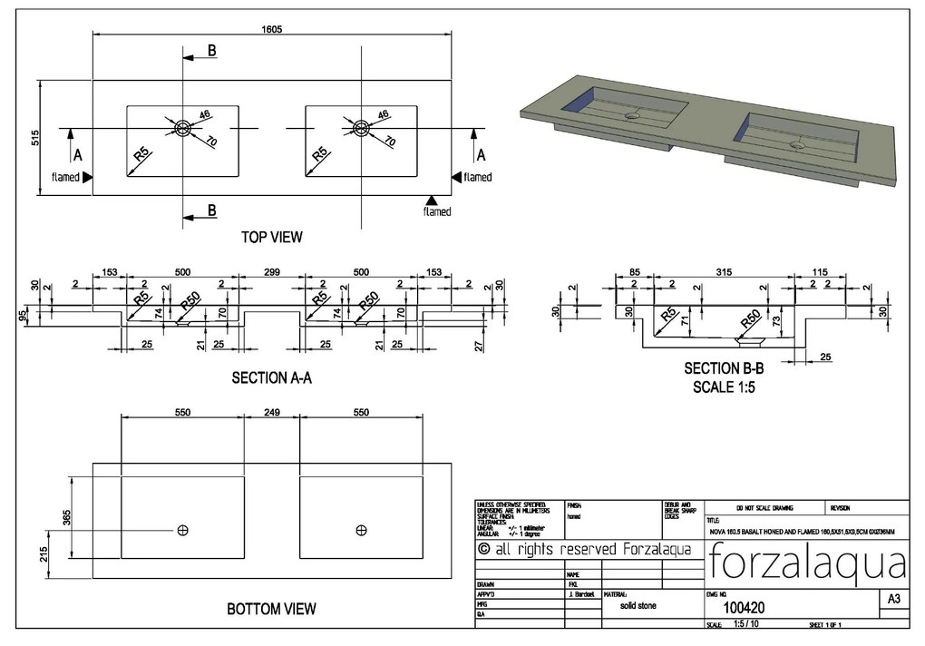 Forzalaqua Nova wastafel 160x50cm zonder kraangaten carrara gepolijst