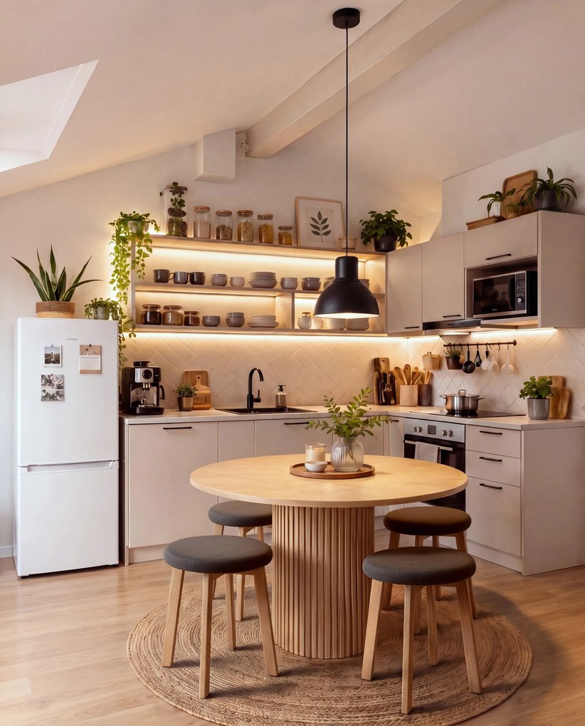 Mazzoni ZOI Taupe Beige (stof Storm 26)/eiken onderstel - RONDE GESTOFFEERDE KRUK VOOR KEUKEN/WOONKAMER