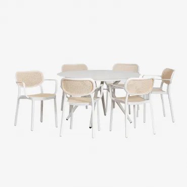 Set Van Ronde Aluminium Tafel (ø126 Cm) Valerie En 6 Tuinstoelen Met Armleuningen Omara Gardenia Wit - Sklum