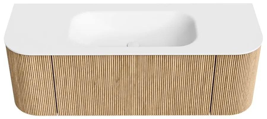 Mondiaz Kurve 130cm badmeubel ronding links/rechts oak met 1 lade en 2 deuren en wastafel big small midden zonder kraangat