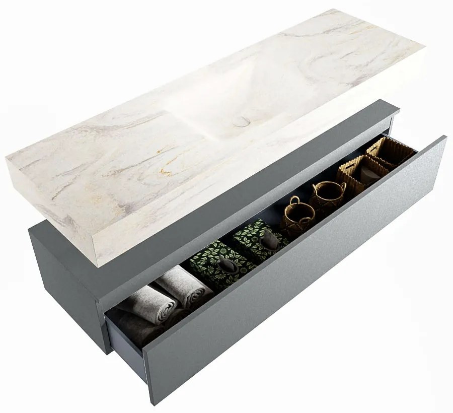 Mondiaz Alan DLux badmeubel 150cm plata 1 lade met wastafel ostra midden 1 kraangat