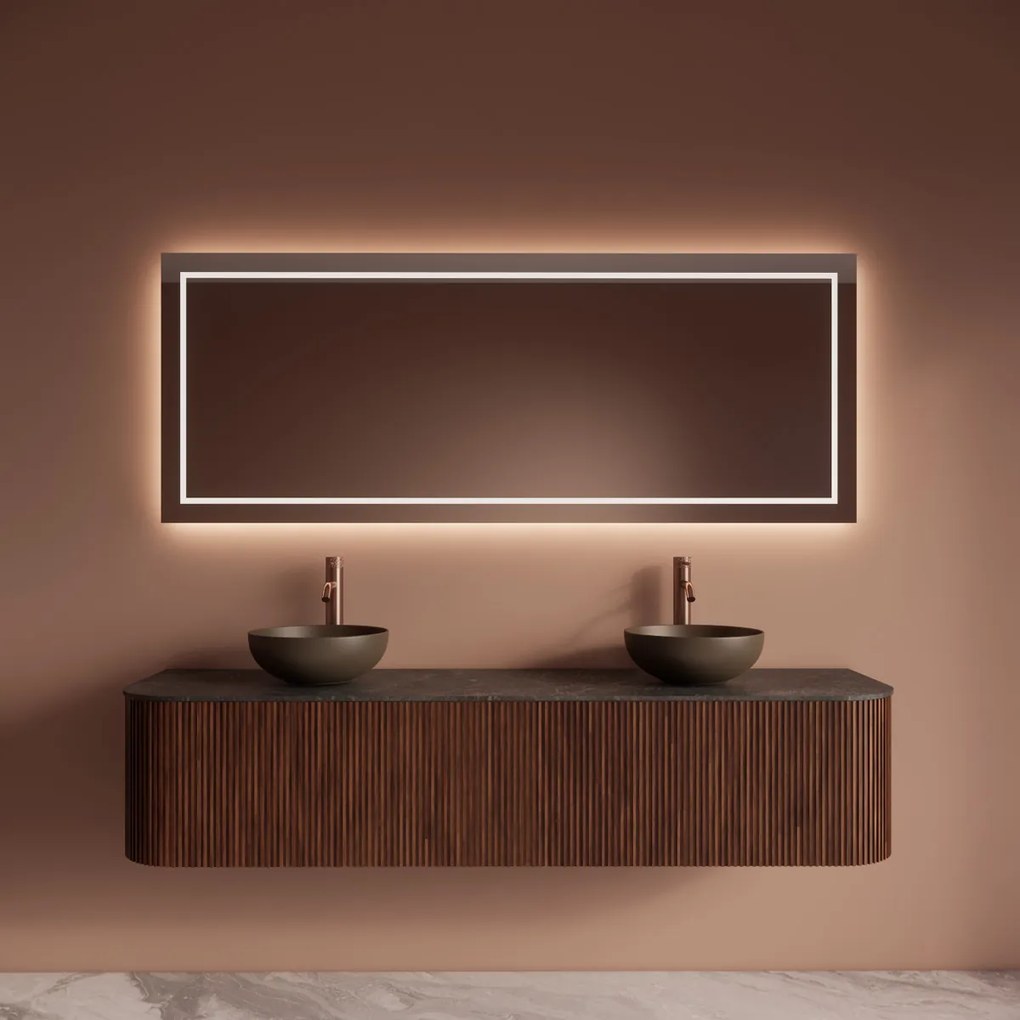 Gliss Design Alluro badmeubel ribbelfront met ronding links/rechts 180cm walnut en zwart leisteen toppaneel