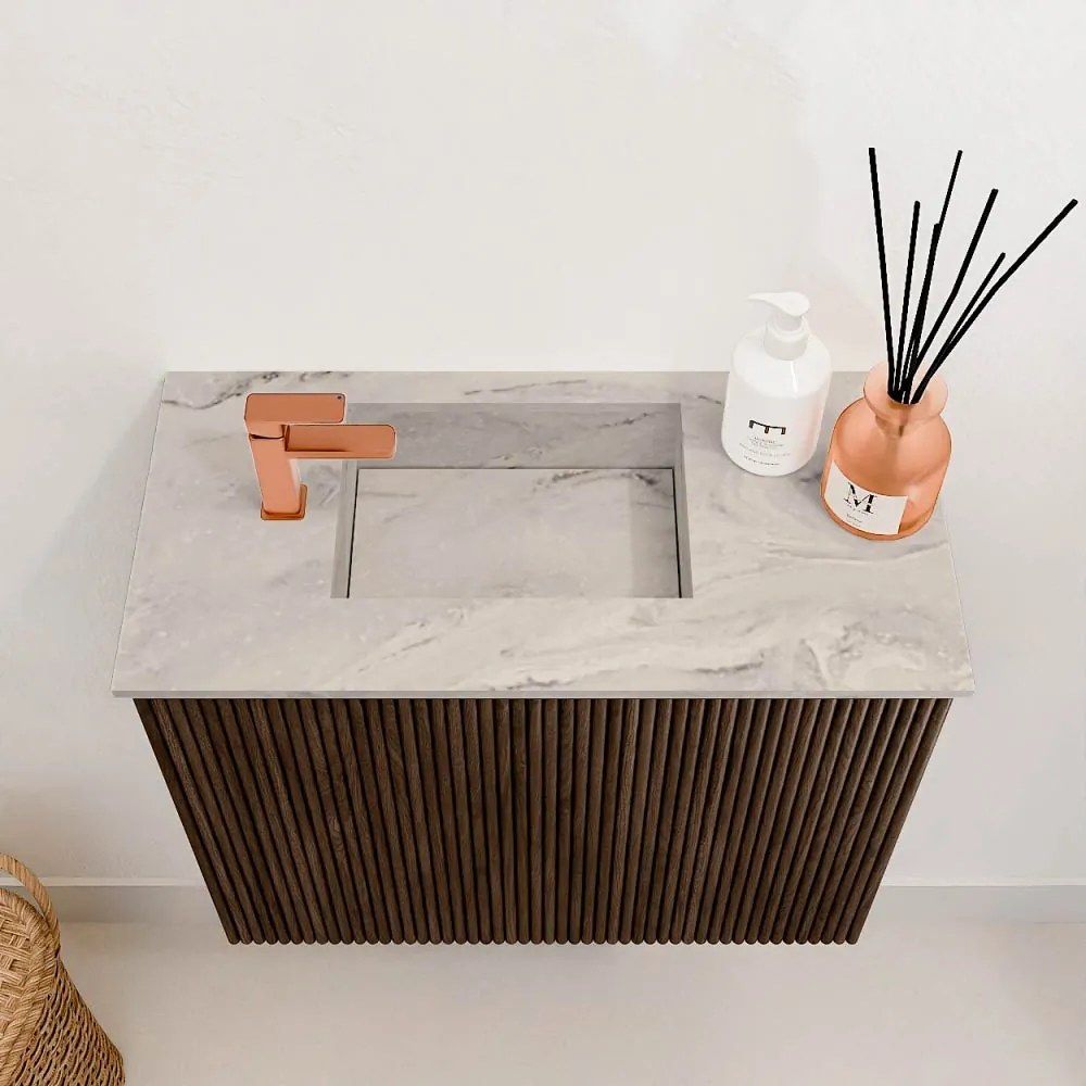 Mondiaz Joya DLux 50cm toiletmeubel walnut met wastafel faye links 1 kraangat glace