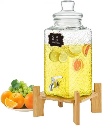 VEVOR 10 L Partydrankdispenser, glazen sapdispenser met standaard, roestvrijstalen kraan, ijsthee, limonade, sap, waterdispenser, voor restaurants, hotels, feesten