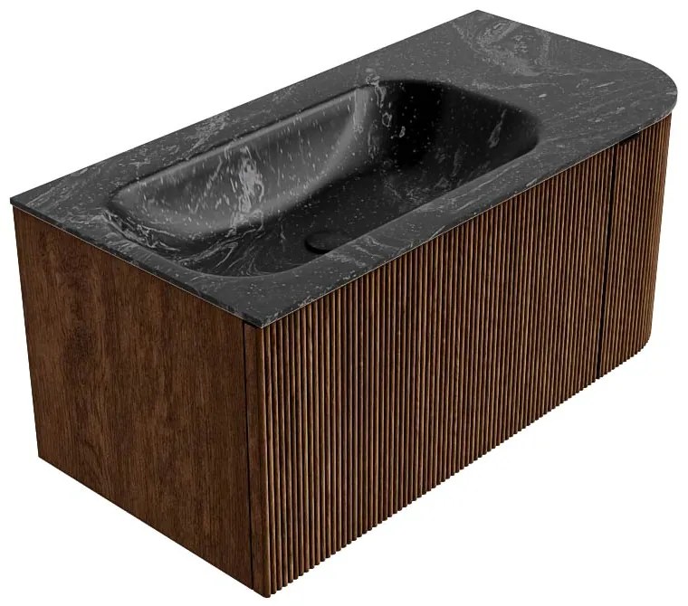 Mondiaz Kurve-dlux 95cm badmeubel ronding rechts walnut met 1 lade en deur en wastafel big small links zonder kraangat lava