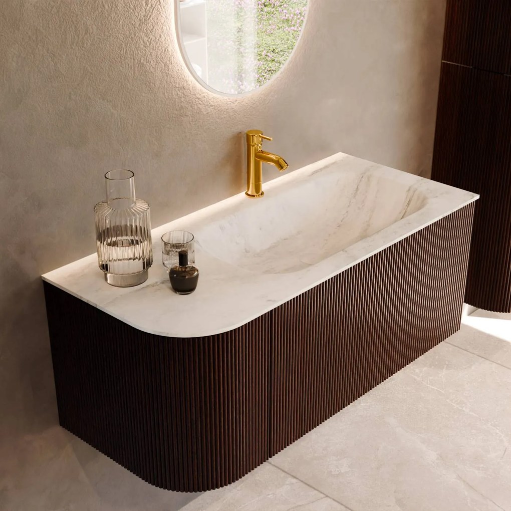 Mondiaz Kurve-dlux 105cm badmeubel ronding links ruby met 1 lade en deur en wastafel big small kraangat rechts opalo