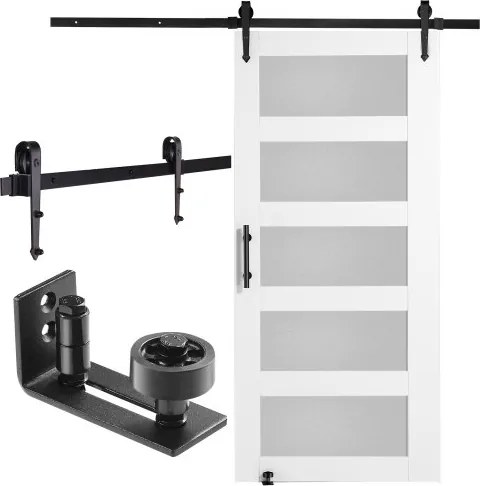 VEVOR Schuifdeur Hardware Kit, 1067 x 2134 mm Houten Glazen Schuifdeur, Stille Schuurdeur Kit met 8-in-1 Vloergeleider en Deurkruk, Sparrenhouten Paneel en Matglas