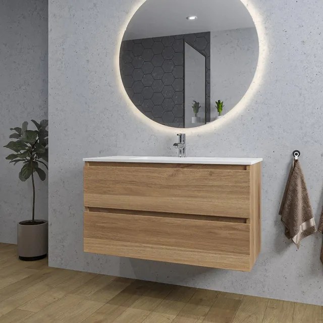 Adema Chaci Badkamermeubelset - 100x46x57cm - 1 keramische wasbak wit - 1 kraangat - 2 lades - ronde spiegel met verlichting - eiken SW1212774/SW804532/SW161922