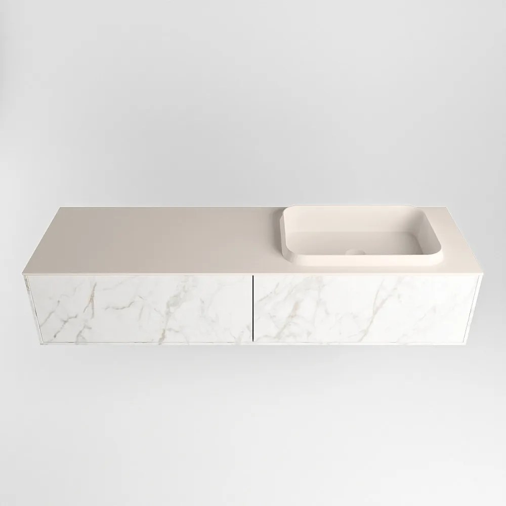 Mondiaz Erin 150cm badmeubel Carrara met 2 lades en beige wastafel rechts 1 kraangat