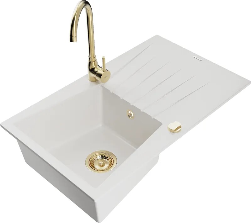 Mexen Cesar granieten spoelbak 1-komermet afdruiprek en Telma keukenmengkraan, wit - 6514-20-670200-50