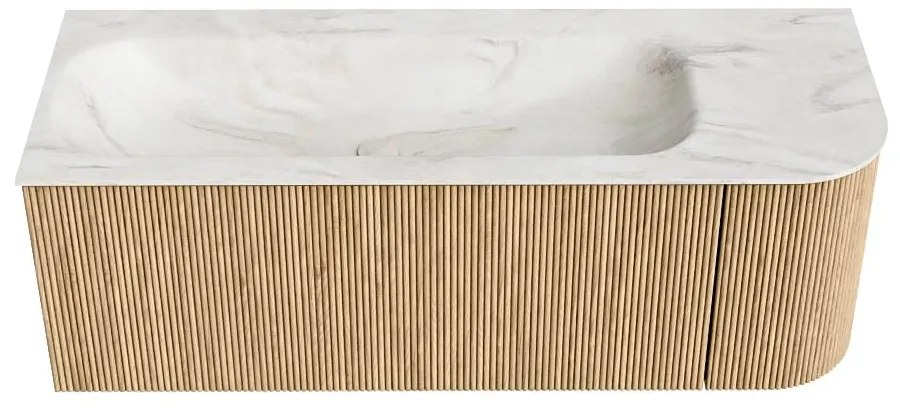 Mondiaz Kurve-dlux 125cm badmeubel ronding rechts oak met 1 lade en deur en wastafel big medium kraangat links ostra