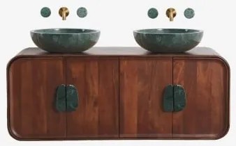 Dubbel Zwevend Badkamermeubelset 130x45 Cm Van Mangohout En Natuurlijke Kivalina-steen Groen Marmer Uit Udaipur - Donker Mangohout & 2 X Onde Groene -