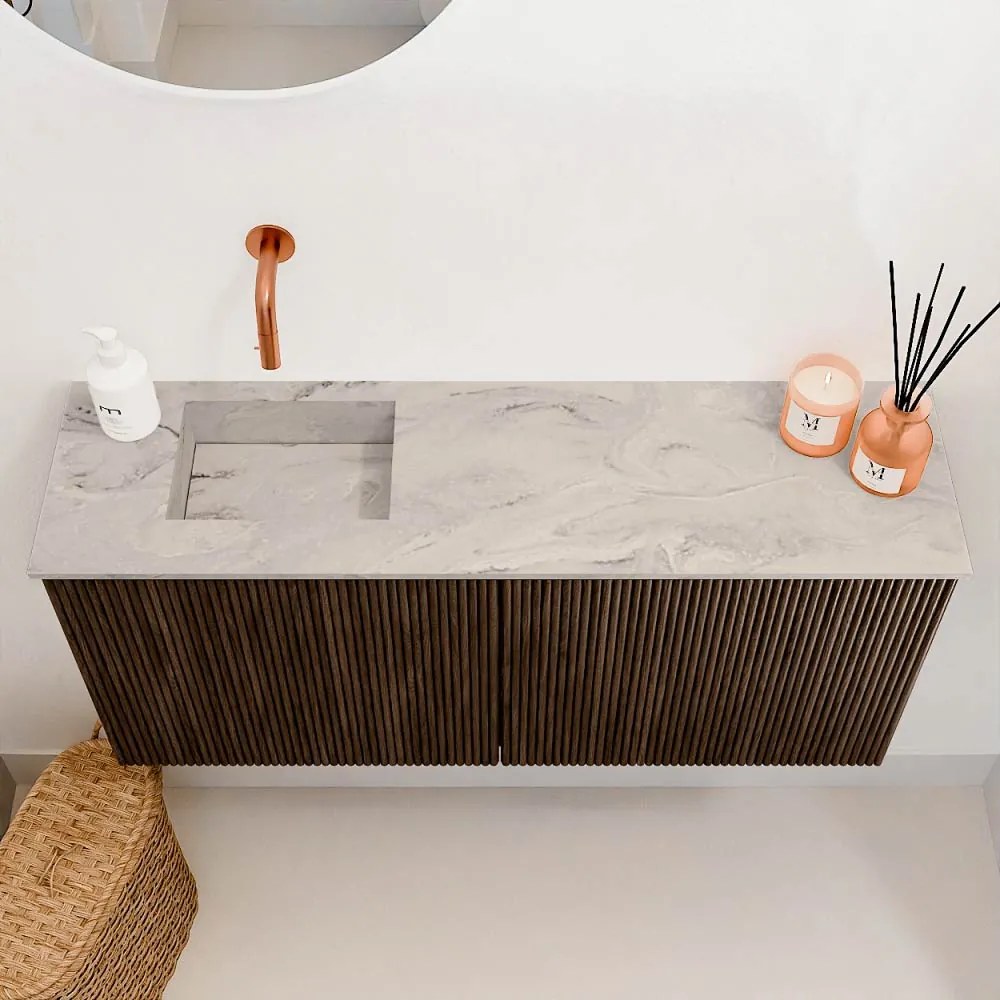 Mondiaz Joya DLux 90cm toiletmeubel walnut met wastafel faye links zonder kraangat glace
