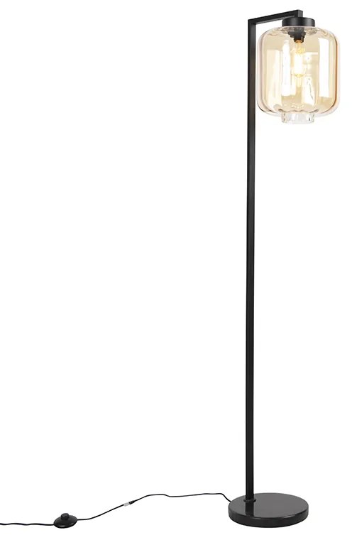 Design vloerlamp zwart met amber glas - Qara Down