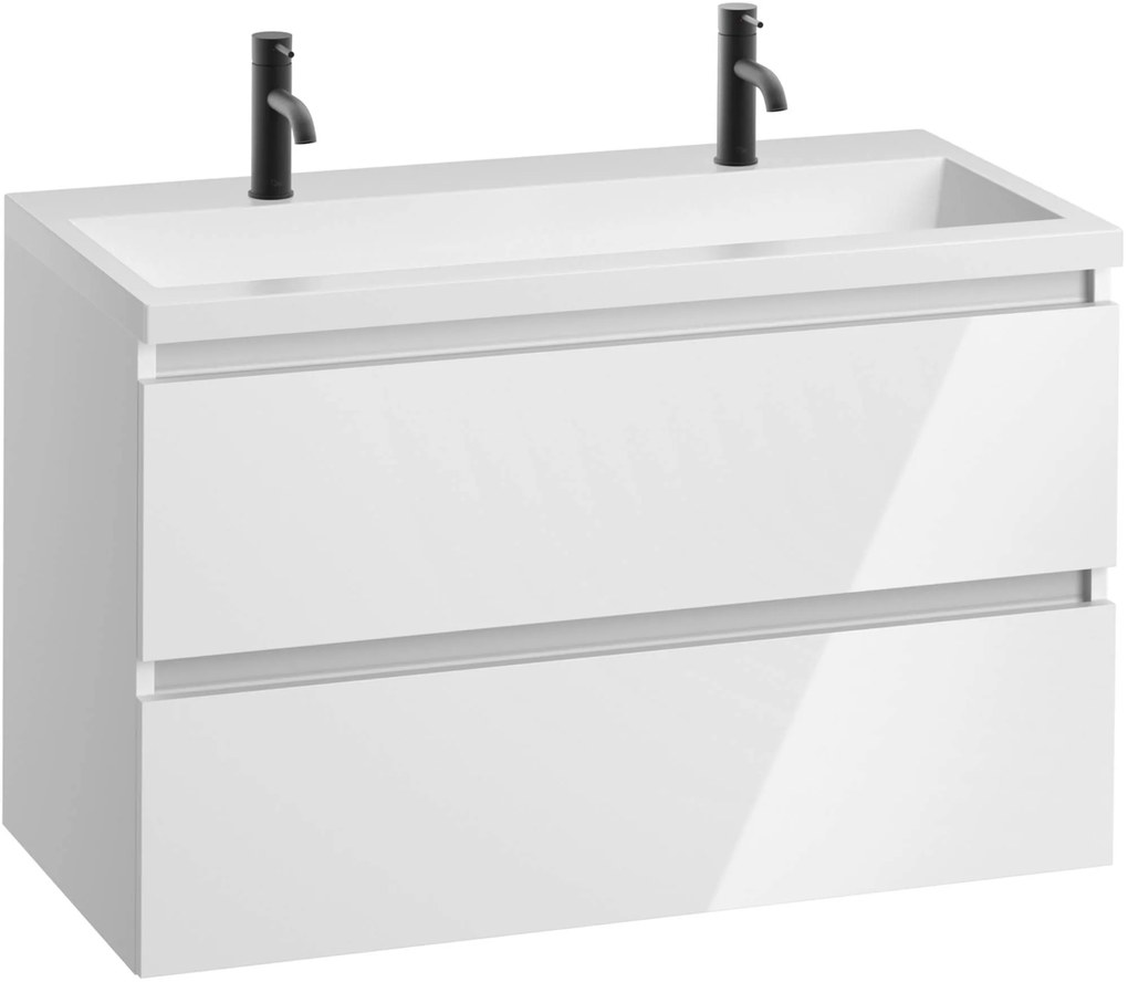 Saqu Gaia badmeubel incl. mat witte wastafel met 2 kraangaten 100x52x64cm glans wit – aluminium greeplijst