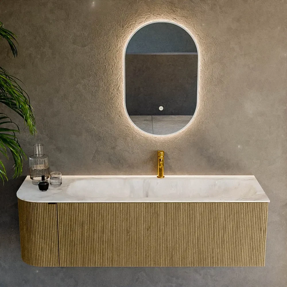 Mondiaz Kurve-dlux 145cm badmeubel ronding links dusk met 1 lade en deur en wastafel big large kraangat rechts frappe