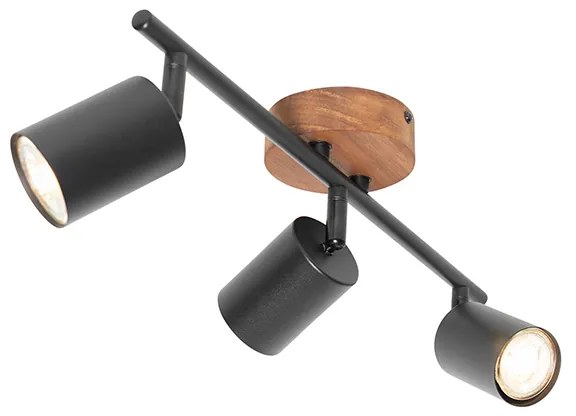 Industriële spot zwart met hout kantelbaar 3-lichts - Jeana