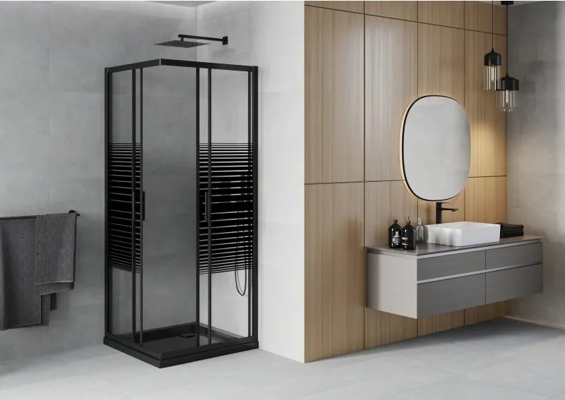 Mexen Rio vierkante douchecabine 80 x 80 cm, zwarte strepen, zwart + Flat douchebak, zwart - 860-080-080-70-20-4070B