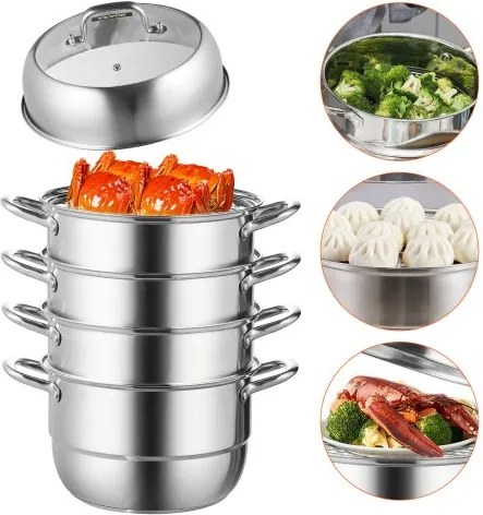 VEVOR Voedselstomer, Roestvrij Staal en Gehard Glas Stoomkoker Pannenset, 5 Titer Capaciteit Kookpot Stoomboot, Doorsnede 30 cm Stoompan voor voedsel, met Gas Elektrisch Grill Fornuis Top