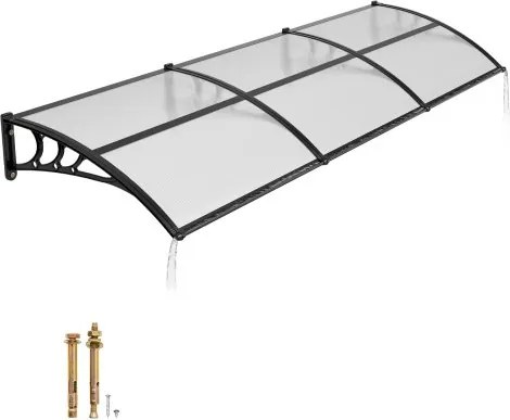 VEVOR luifel voor voordeur 965x2975 mm, aanbouwluifel, aanbouwluifel met afwatering en ABS-beugel, bescherming tegen regen, sneeuw en zon, polycarbonaat dakbedekking voor veranda en terras, transparant