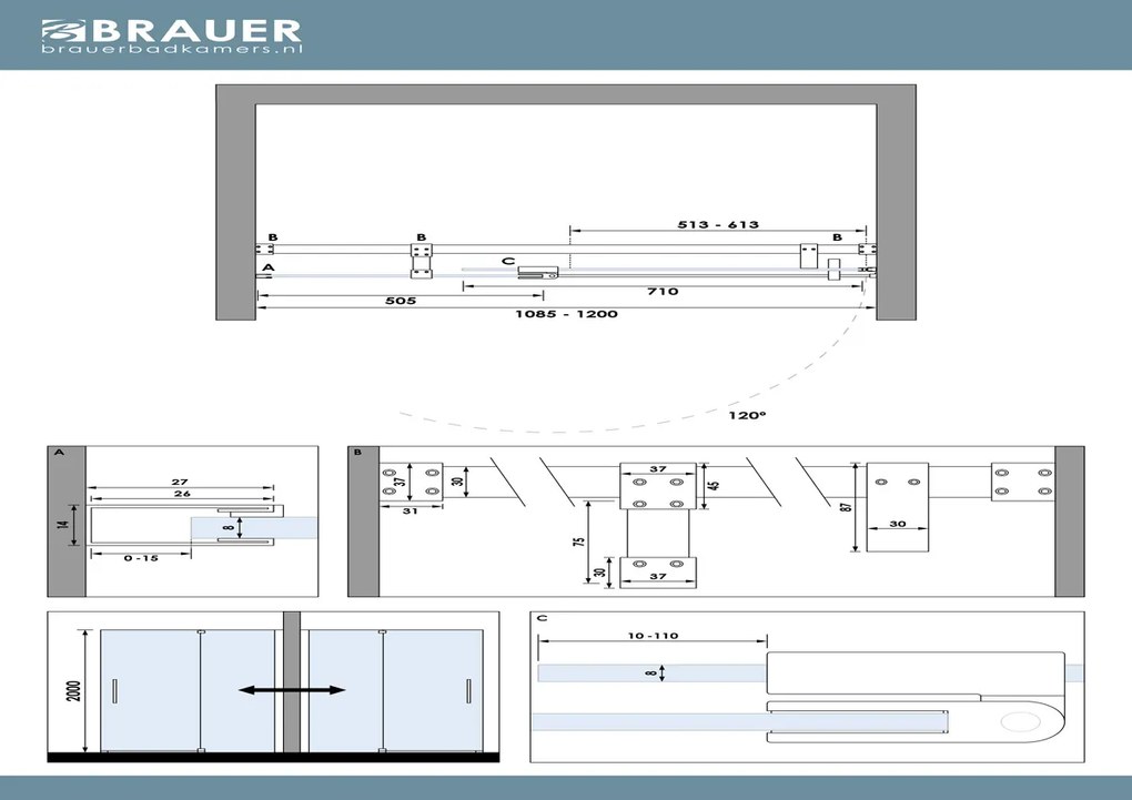 Brauer Stellar nisdeur met vaste wand 120cm chroom