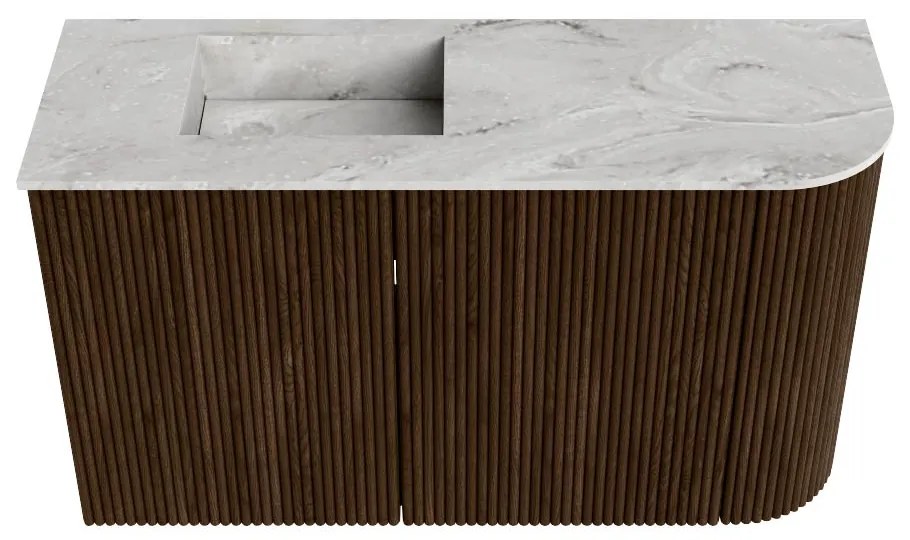 Mondiaz Joya DLux 70cm toiletmeubel ronding rechts walnut met wastafel faye links 1 kraangat glace