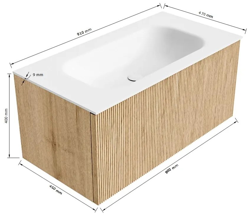Mondiaz Kurve 90cm badmeubel walnut met 1 lade en wastafel big small midden zonder kraangat urban