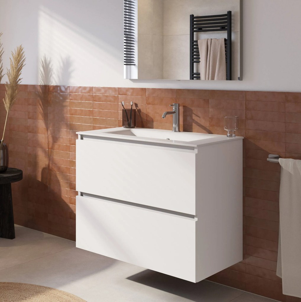 Saqu Terra voorgemonteerd badmeubel incl. glans witte keramische wastafel 81x46cm super wit glans