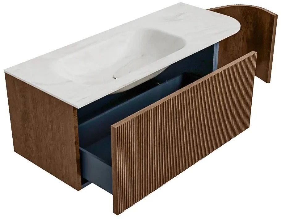 Mondiaz Kurve-dlux 115cm badmeubel ronding rechts walnut met 1 lade en deur en wastafel big small kraangat links ostra