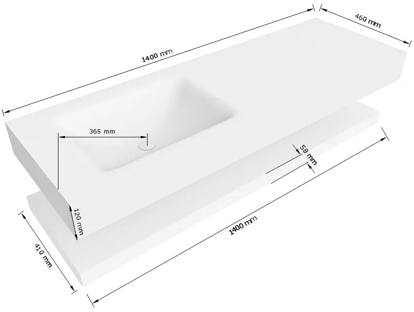 Zaro Alan badmeubel 140cm met planchet talc en vrijhangende wastafel cloud links 1 kraangat talc
