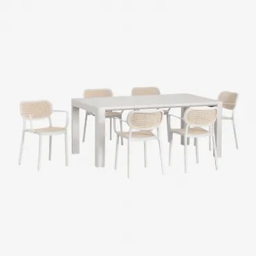 Set Van Rechthoekige Tafel 180x100 Cm Arnadine En 6 Stapelbare Tuinstoelen Met Armleuningen Van Polypropyleen Omara Glaciale Wit - Sklum