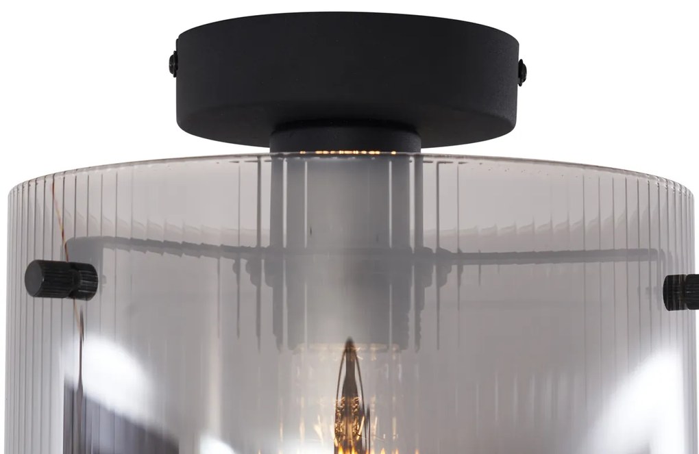 Art Deco plafondlamp zwart met smoke glas - Laura