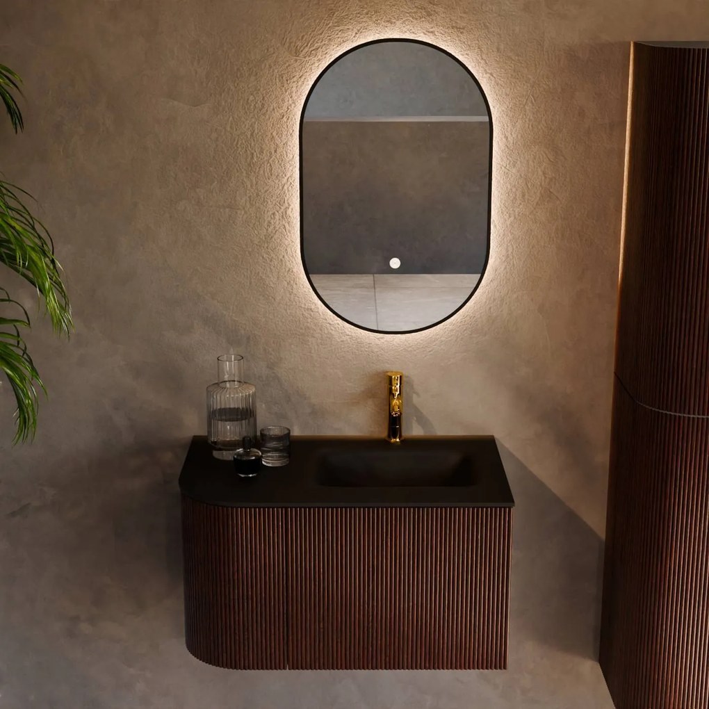 Mondiaz Kurve 75cm badmeubel ronding links ruby met 1 lade en deur en wastafel grunne kraangat rechts urban
