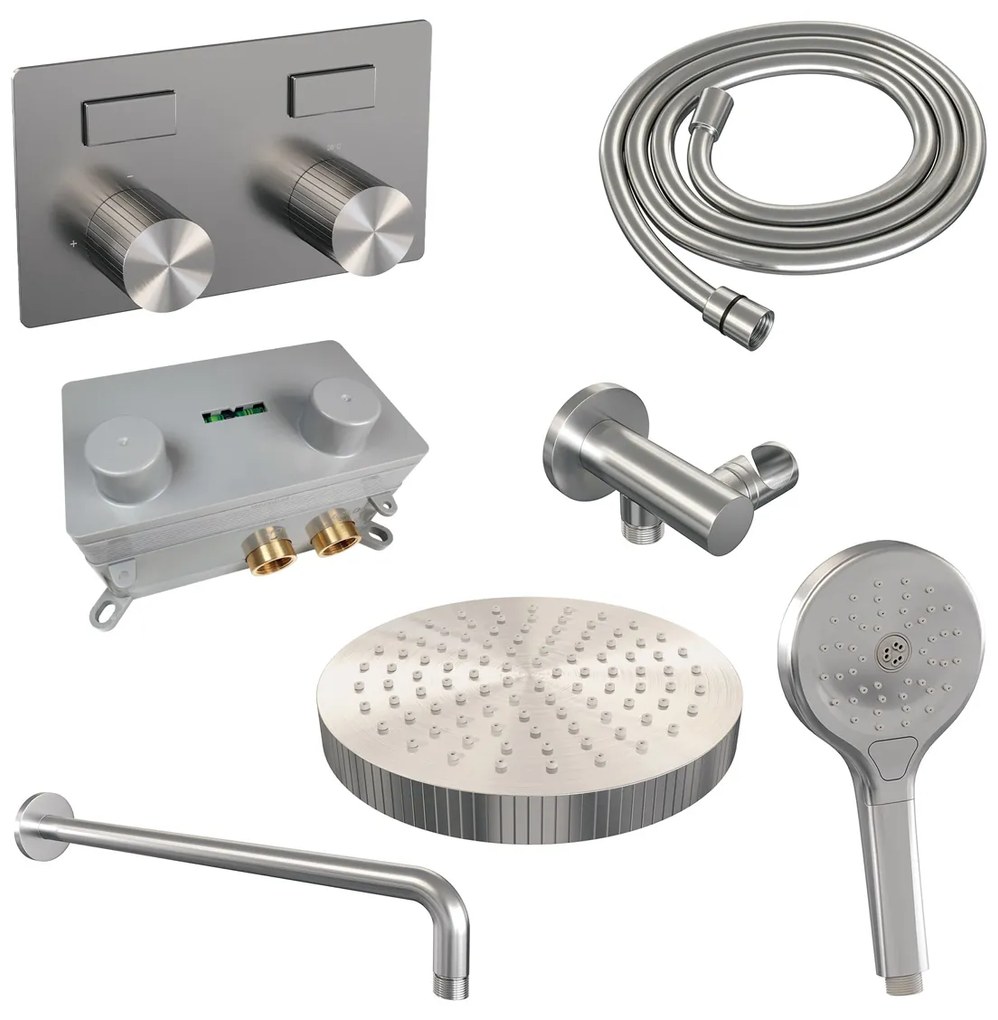 Brauer Stripe inbouw regendouche met 25cm hoofddouche, gebogen muurarm en 3 standen handdouche set 29 RVS geborsteld PVD