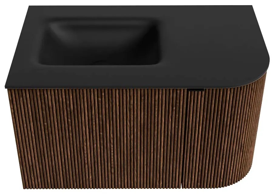 Mondiaz Kurve 75cm badmeubel ronding rechts walnut met 1 lade en deur en wastafel grunne kraangat links urban