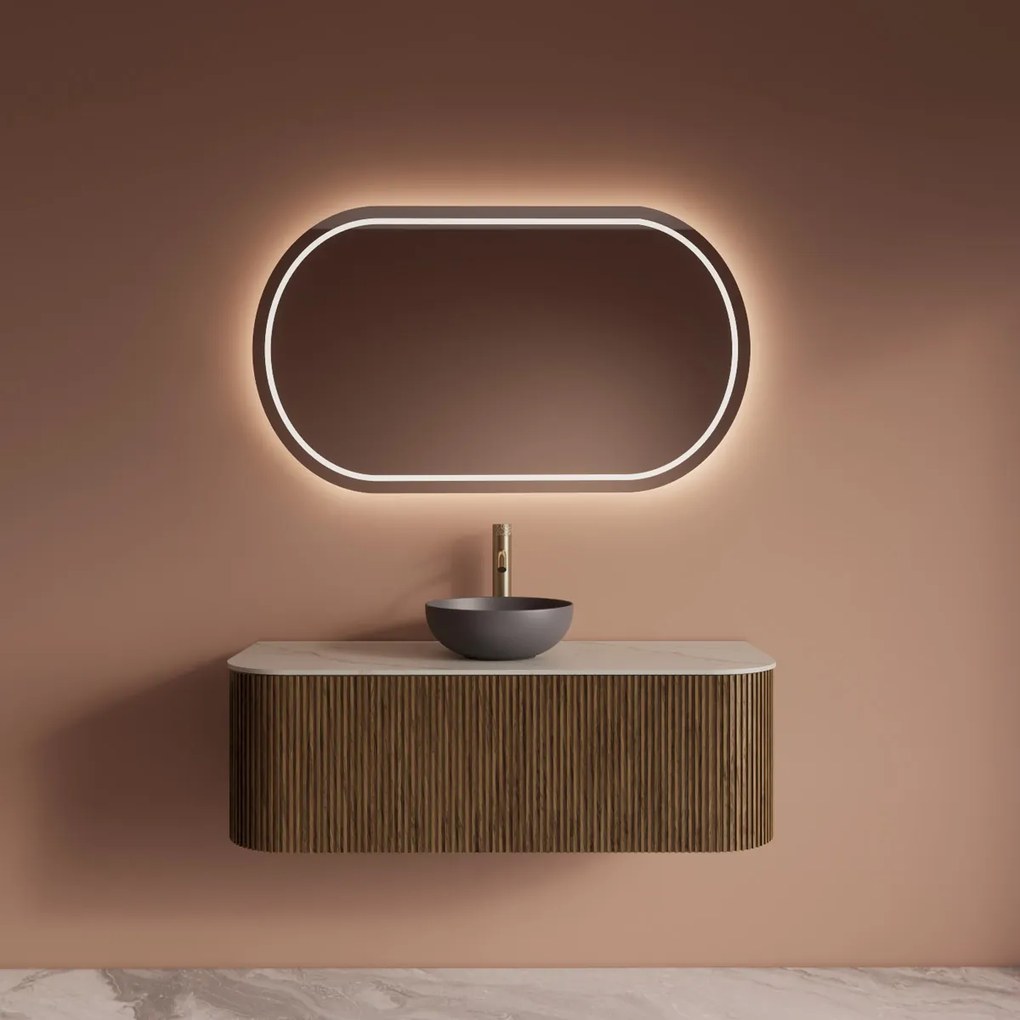 Gliss Design Alluro badmeubel ribbelfront met ronding links/rechts 120cm castle brown en wit marmer toppaneel