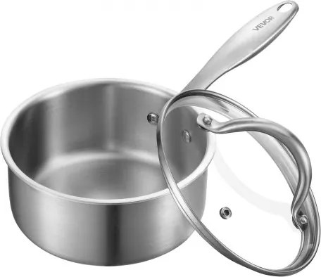 VEVOR Kookpot Braadpan Steelpan 1,42 L met Glazen Deksel, Soeppan Groentepan met Ergonomische Handgreep, Melkpan van Roestvrij Staal Groentepan, Zilveren Vaatwasserbestendige Sauspan