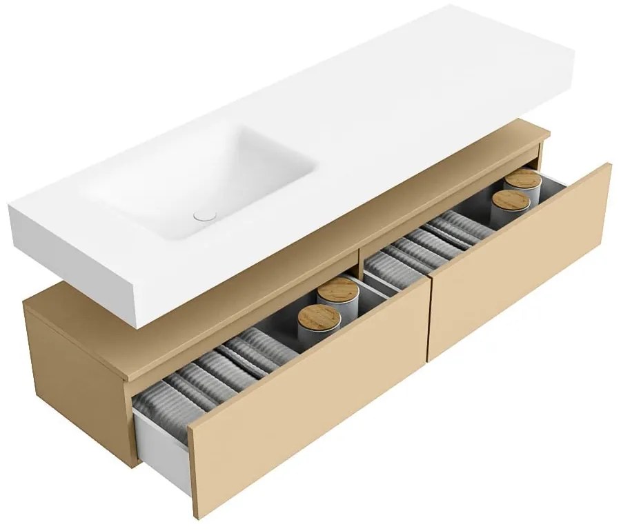 Zaro Alan badmeubel 160cm sand 2 lades met vrijhangende wastafel cloud links 1 kraangat talc