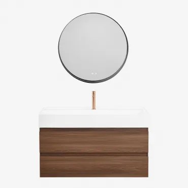 Ona Zwevend Badkamermeubelset Van Hout En Essenfineer Met Geïntegreerde Wastafel Donker Hout & Round Led And Antifog Zwart Ø80 Cm - Sklum